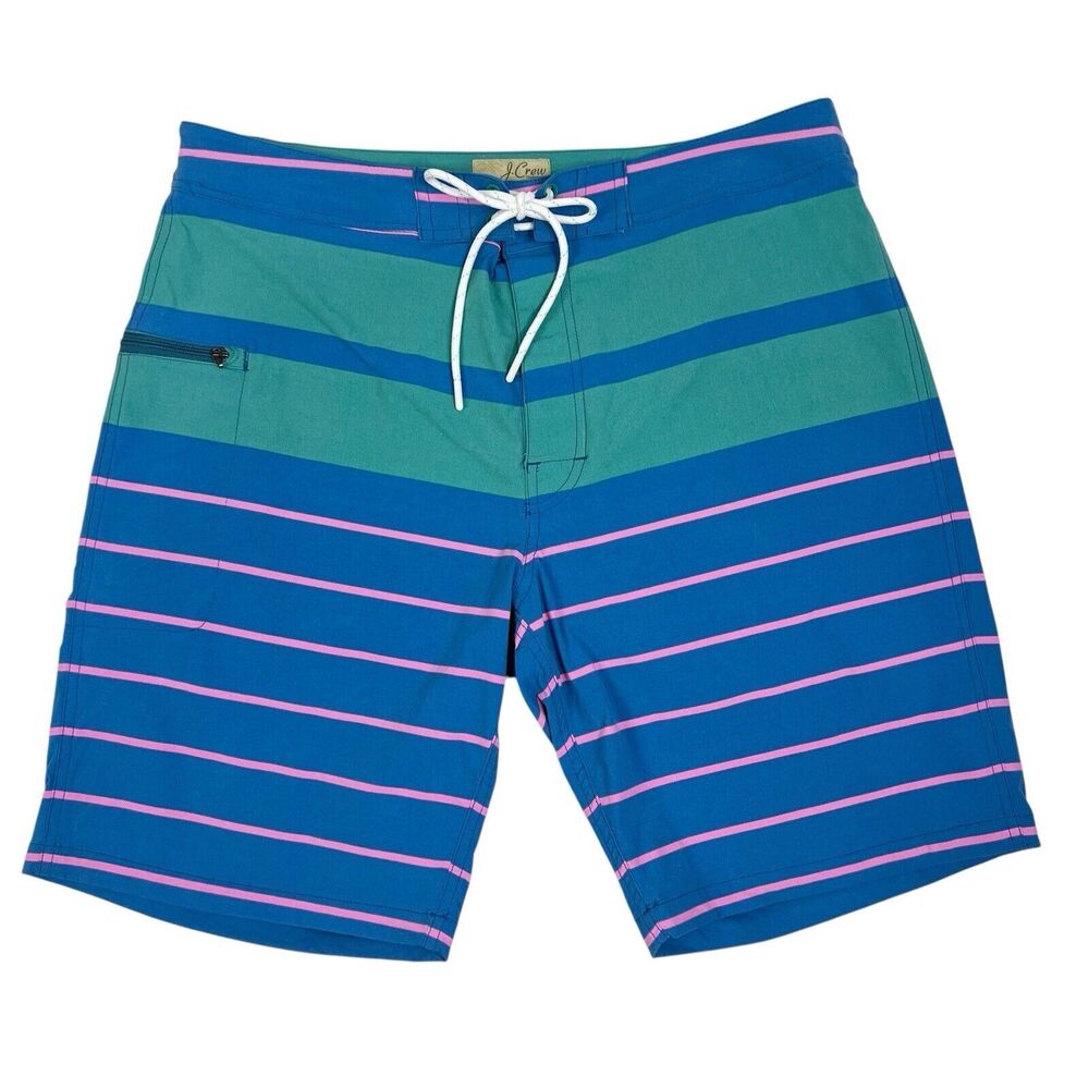 J. Crew 9” Inseam Long Board Shorts Blue Green Striped Swim Men’s 32